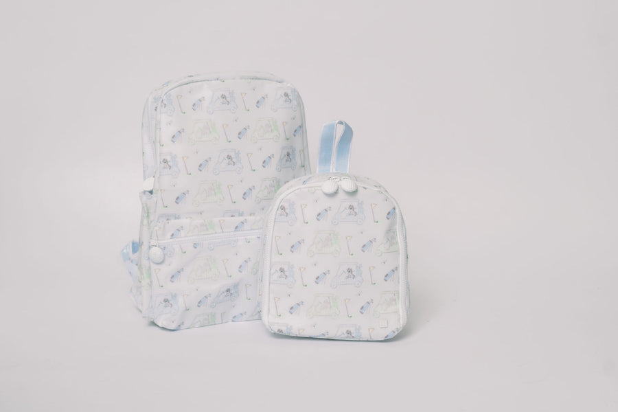 Dapper Babies Bak to School bundle which includes the TRVL Backpacker, TRVL Insulated Bring It Lunch Bag in the Pimlico Putt Putt Print.