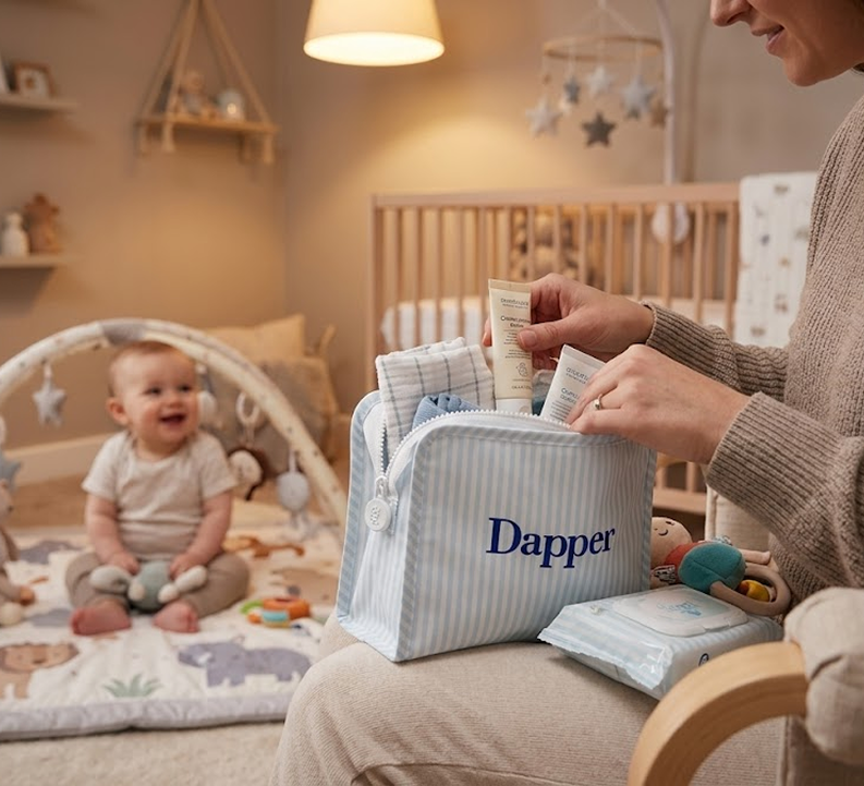 Parent organising baby essentials with Dapper bag